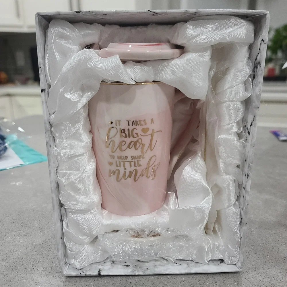 New Duo Present Of Star Teacher Gift Pink & Gold Coffee Mug W/Stirrer & Coaster